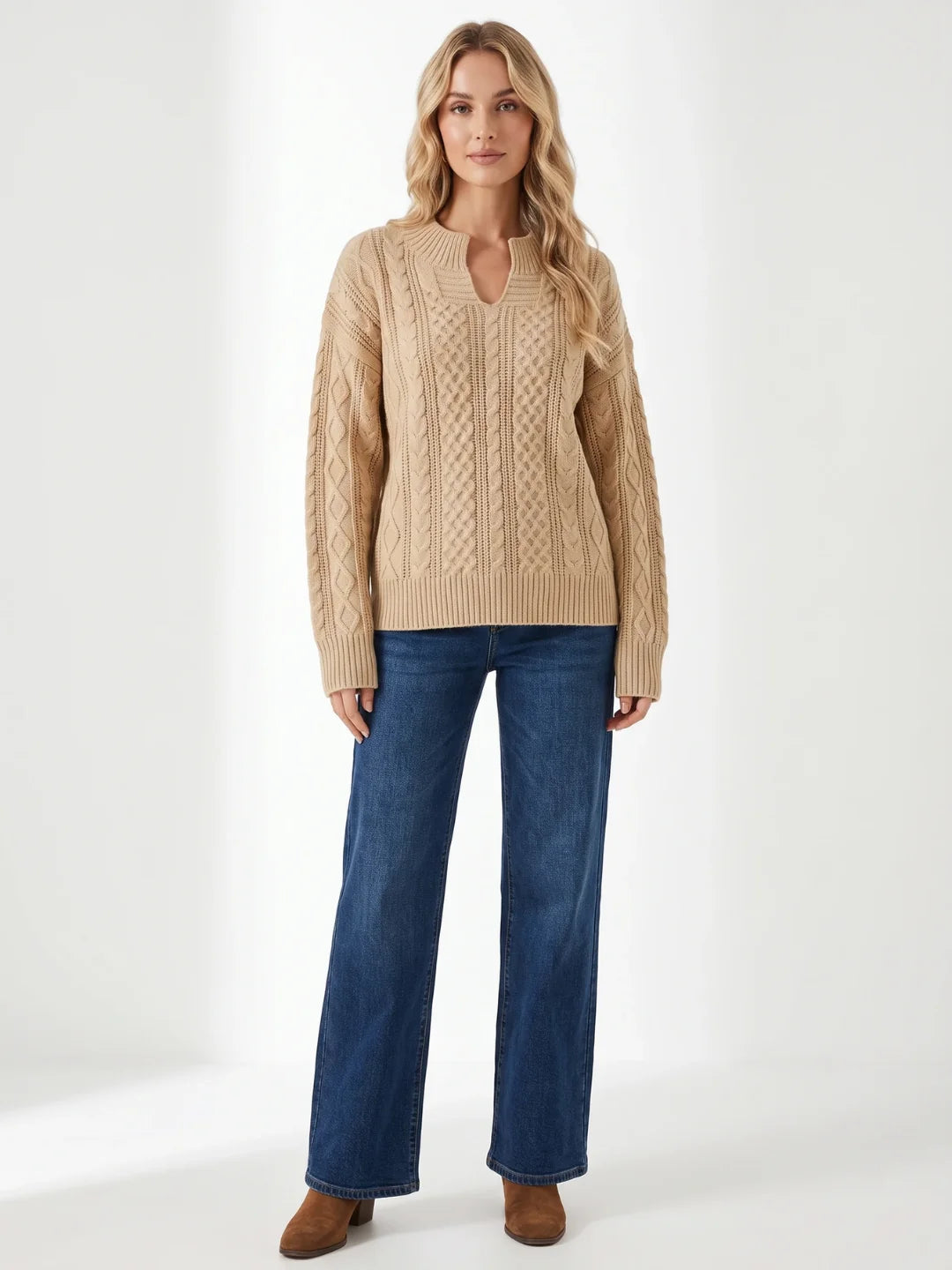 Matilda | Cable Knit Notch Neck Jumper, Loose Fit Winter Sweater 0
