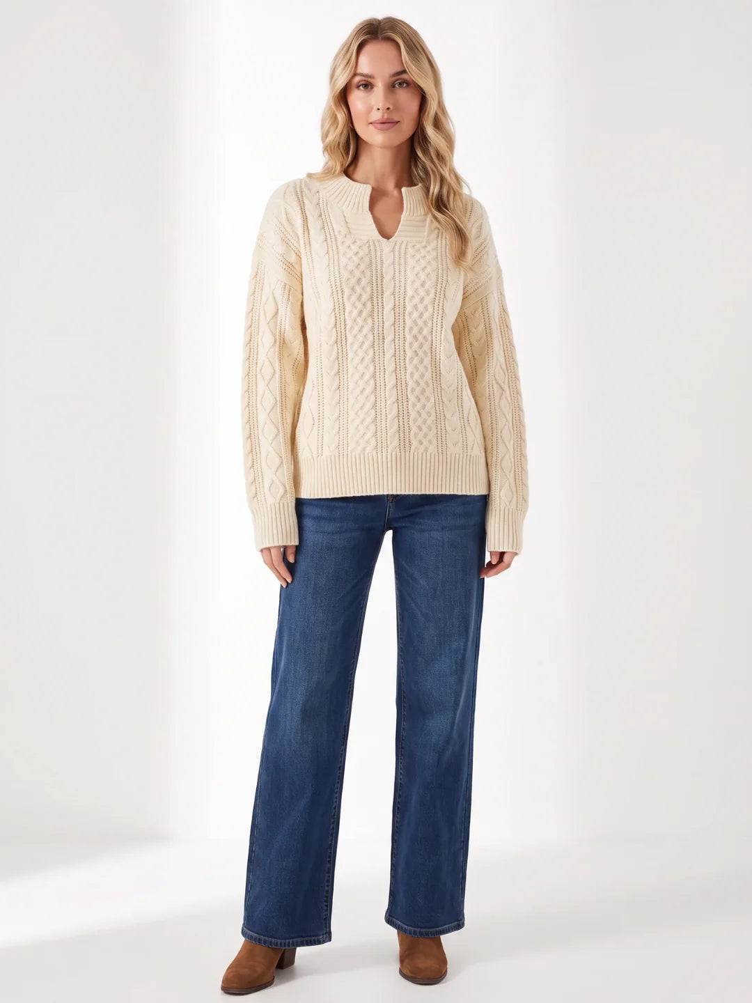 Matilda | Cable Knit Notch Neck Jumper, Loose Fit Winter Sweater 1