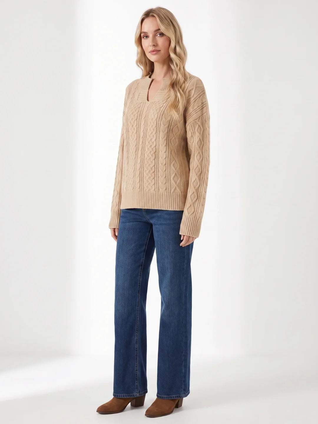Matilda | Cable Knit Notch Neck Jumper, Loose Fit Winter Sweater 4