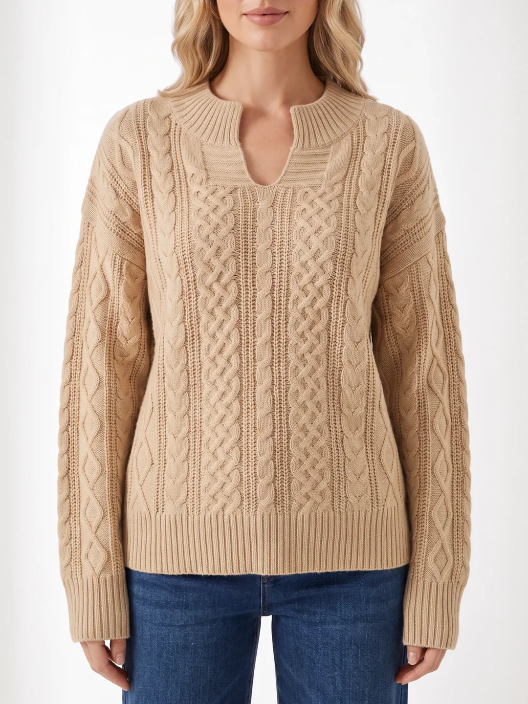 Matilda | Cable Knit Notch Neck Jumper, Loose Fit Winter Sweater 6