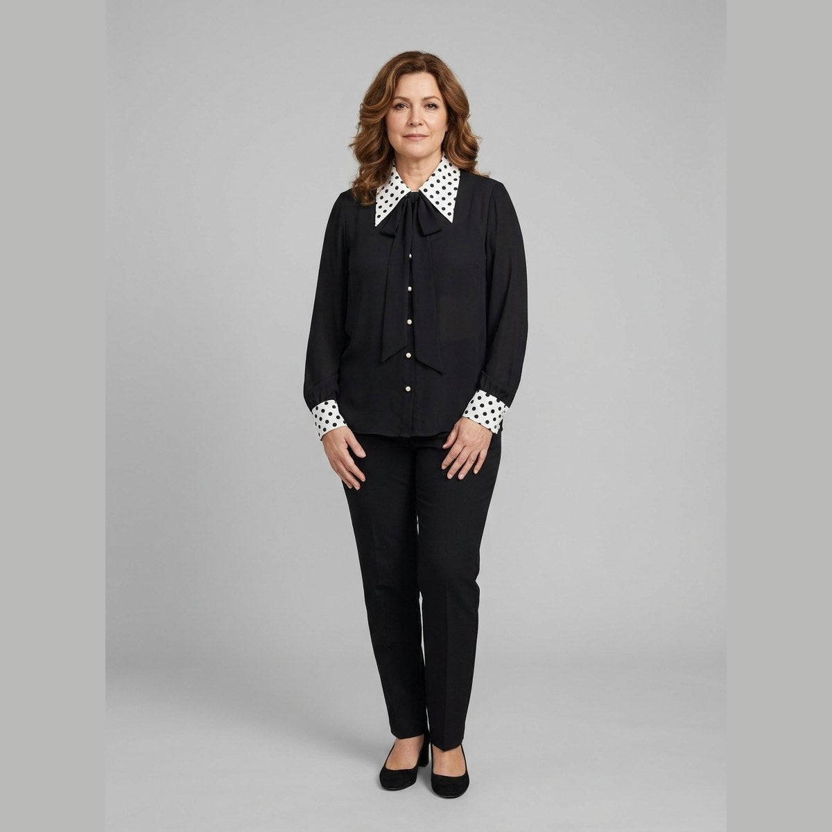 Mira Women's Blouse | Long Sleeve, Lightweight Polka Dot Necktie 0