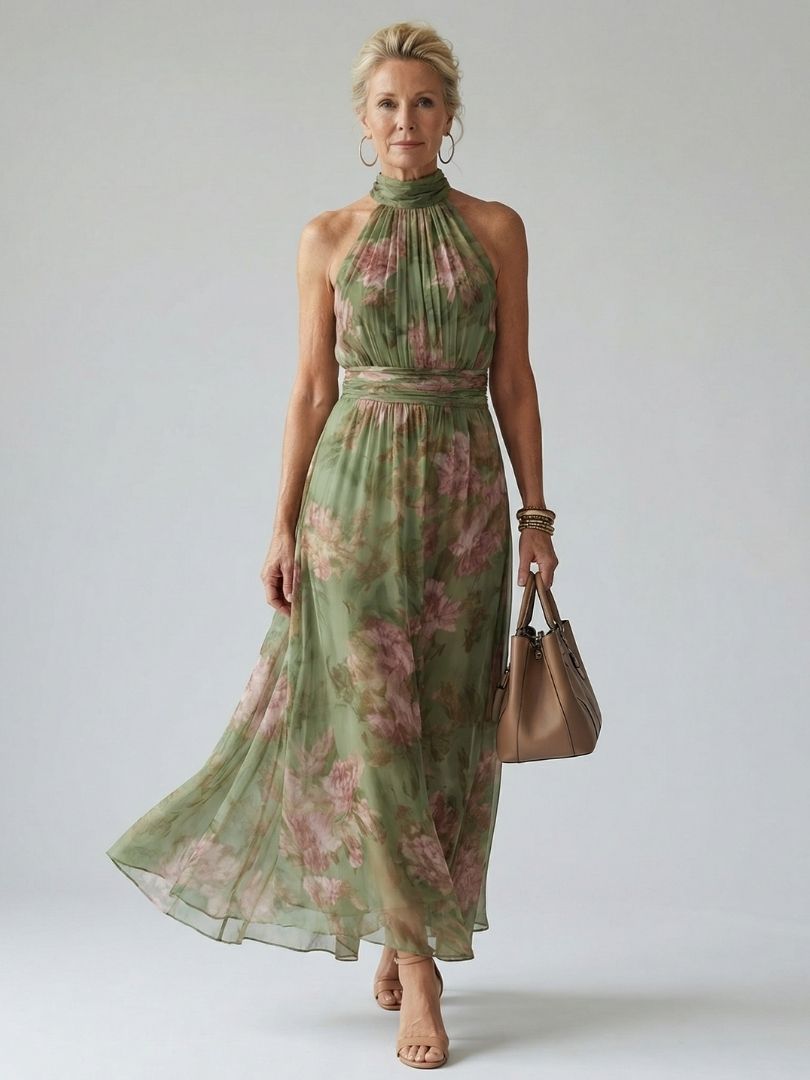 Mirelle Midi Dress | Floral Pattern, Sleeveless Halter Neck 0