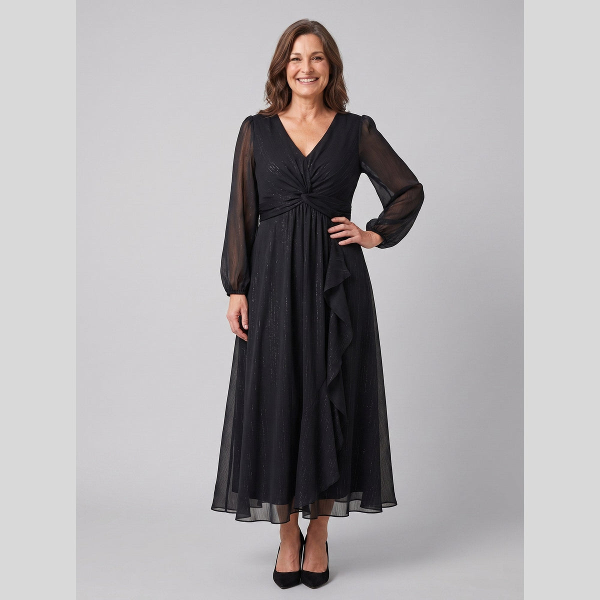 Solveig chiffon dress with twist-knot waist and sheer sleeves 1
