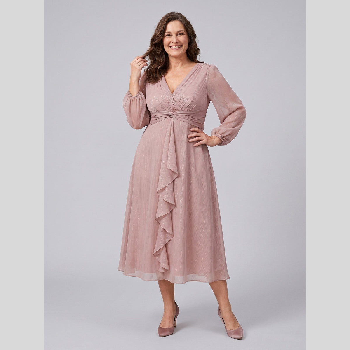 Solveig chiffon dress with twist-knot waist and sheer sleeves 11