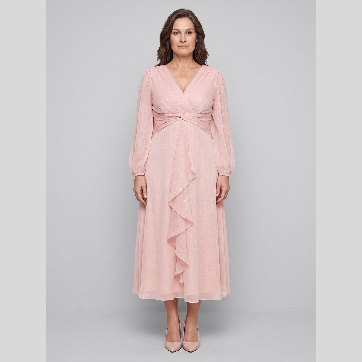 Solveig chiffon dress with twist-knot waist and sheer sleeves 7