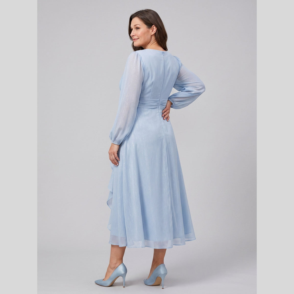 Solveig chiffon dress with twist-knot waist and sheer sleeves 10
