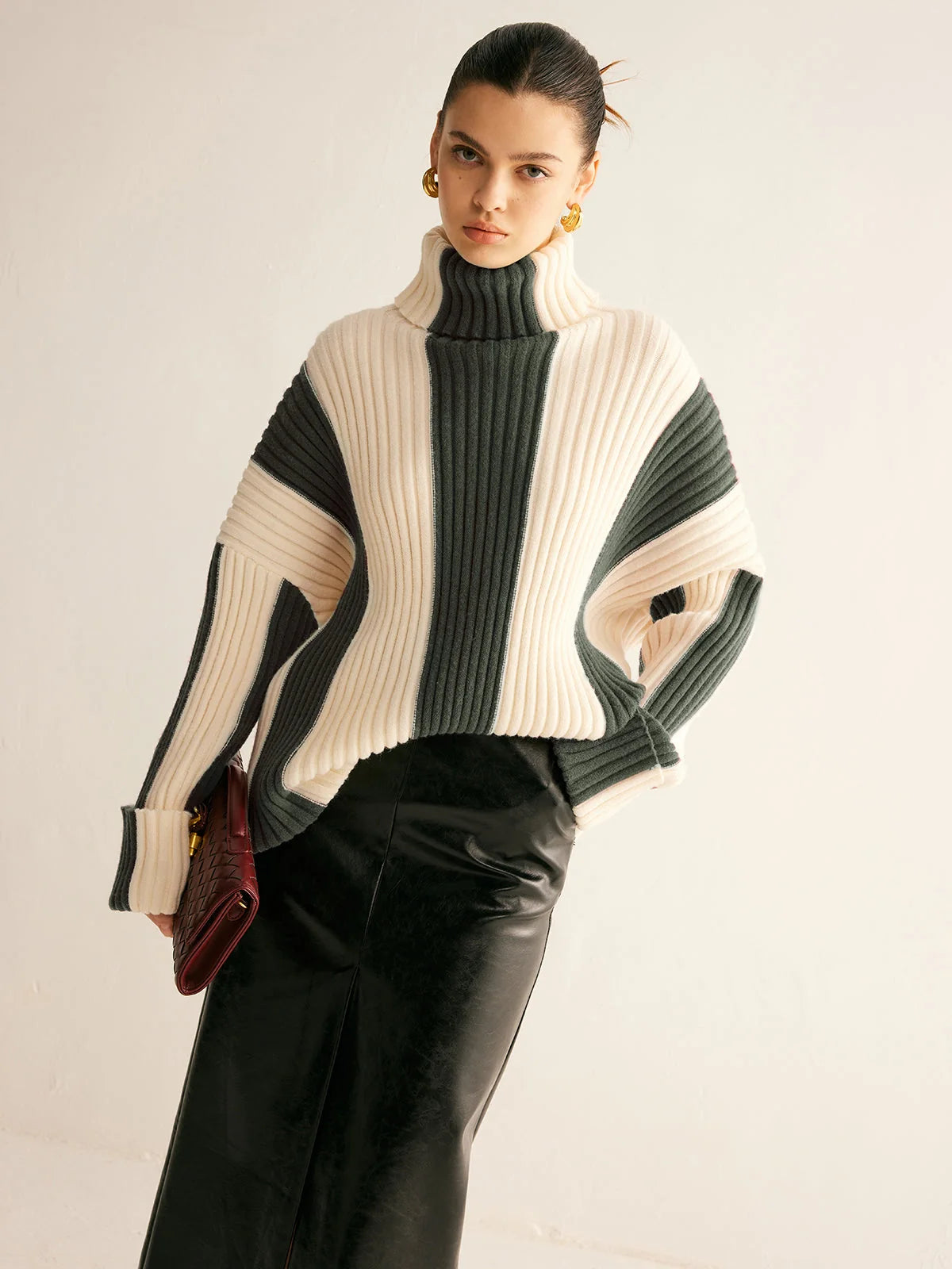 Nora Colour-Block Sweater for Women | Ribbed Knit, Hip Length 8