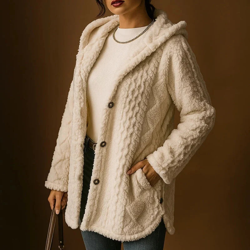 Nora Plush Coat | Hooded Jacquard, Relaxed Fit 1