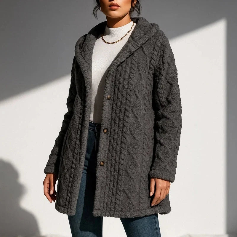 Nora Plush Coat | Hooded Jacquard, Relaxed Fit 11
