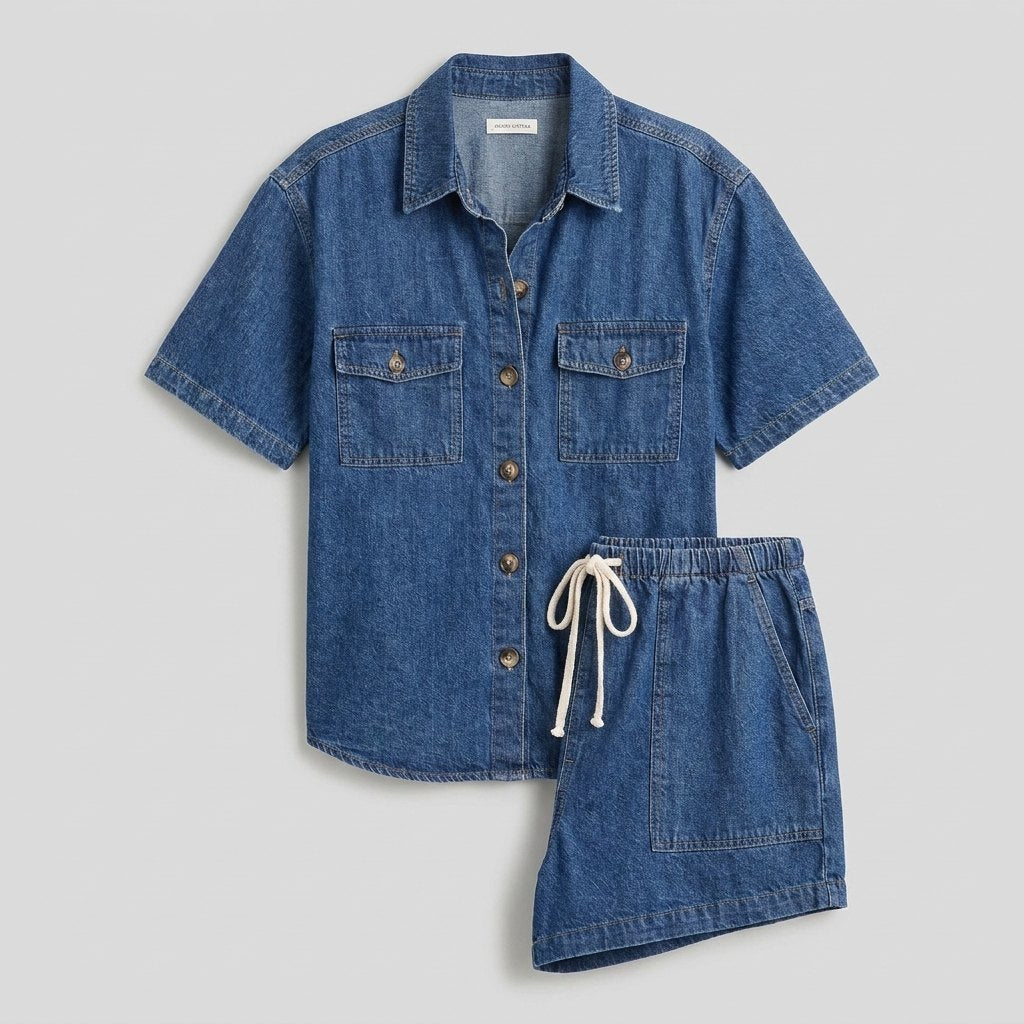 Olivia Women's Set | Organic Cotton Blend Loungewear Pajama Set with Button-Down Top & Drawstring Shorts 2