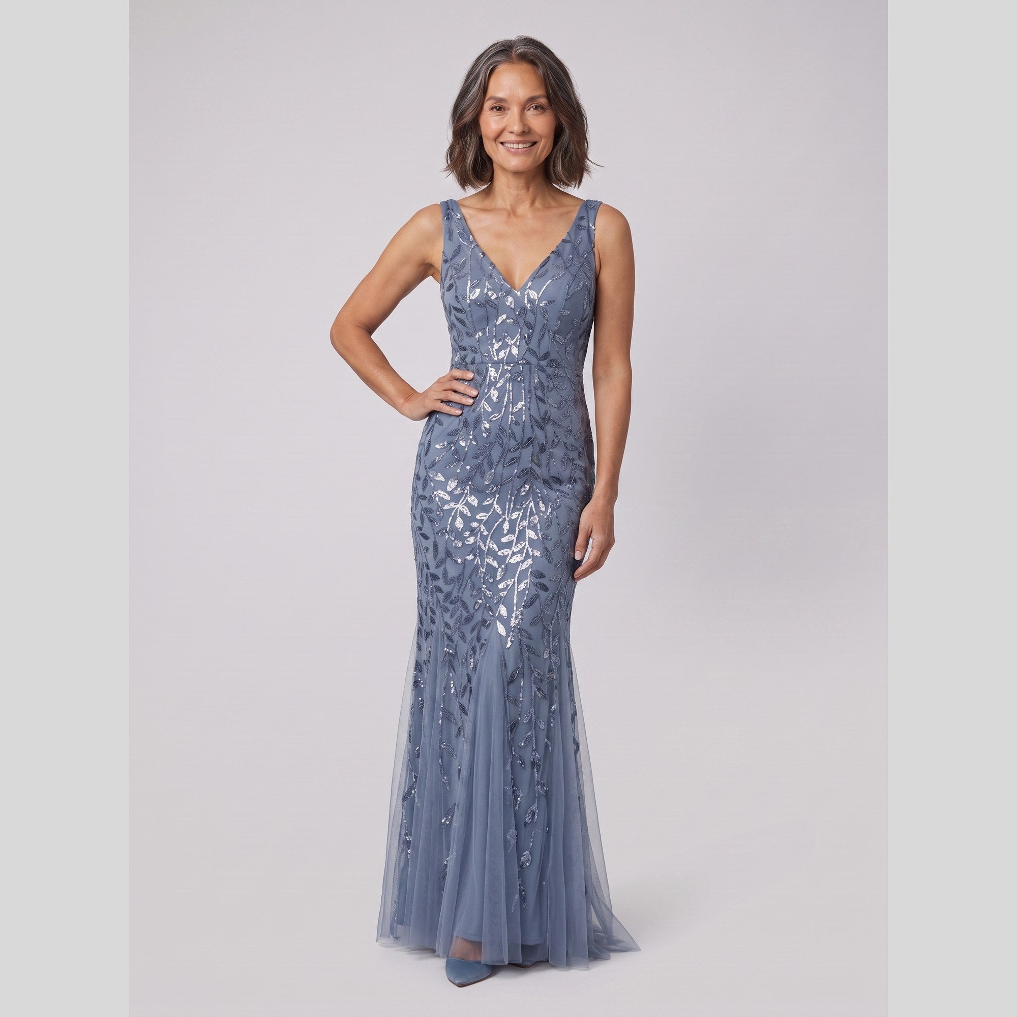 Constance sequin fishtail gown with double V neckline 1