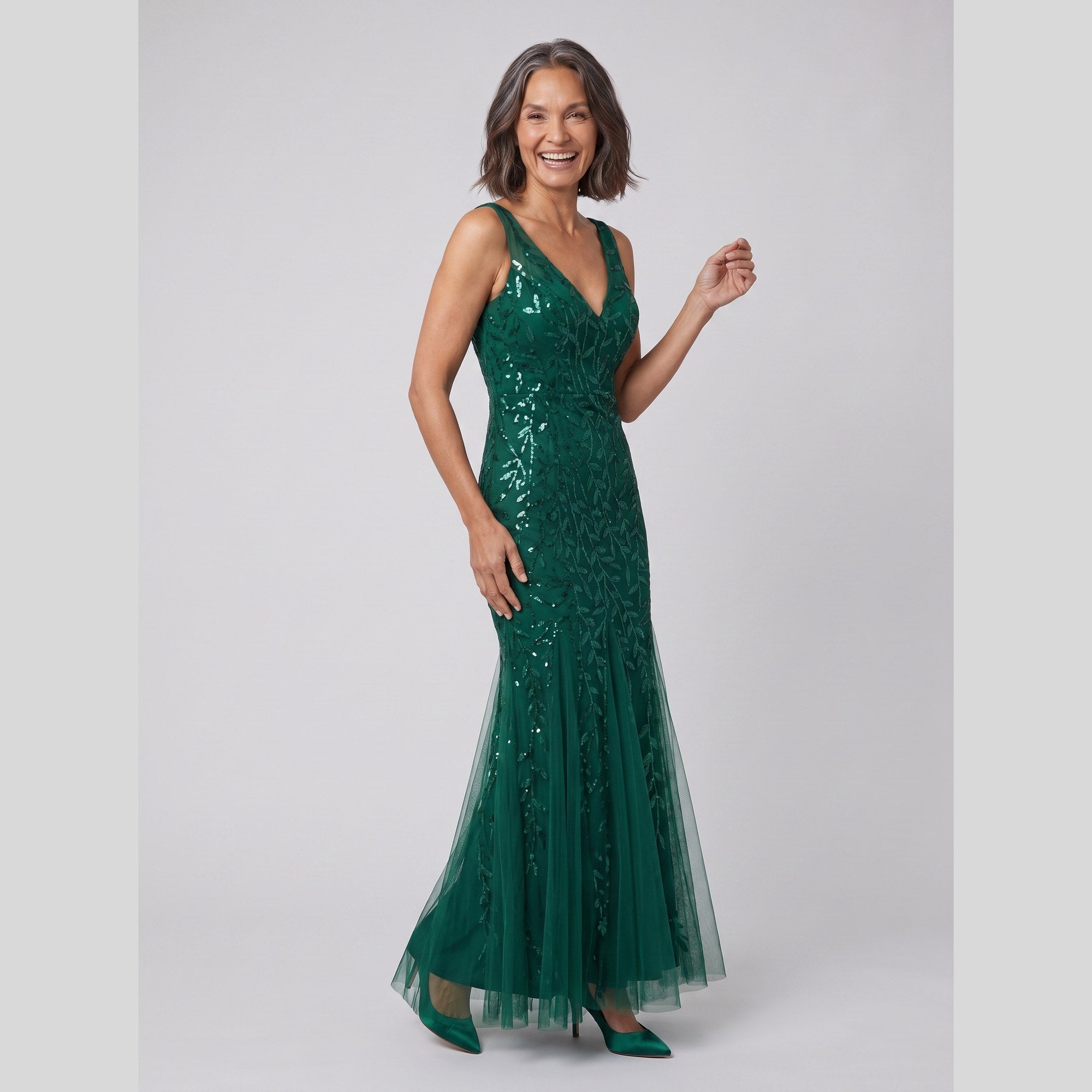 Constance sequin fishtail gown with double V neckline 8
