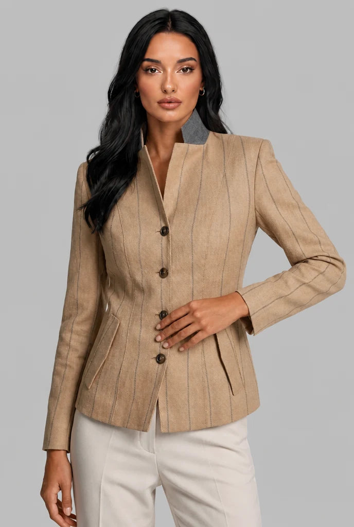 Pinstripe Blazer with Contrast Collar 0