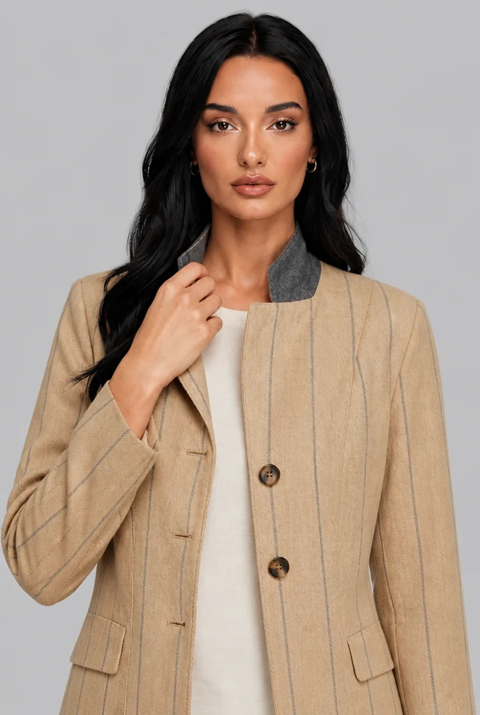 Pinstripe Blazer with Contrast Collar 1