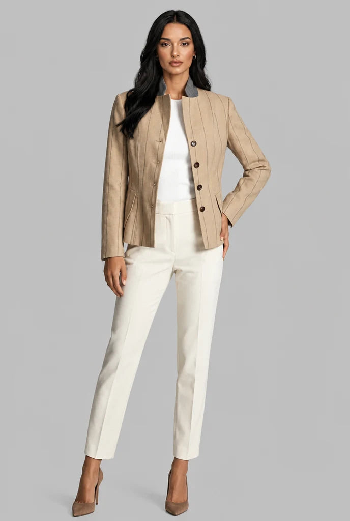 Pinstripe Blazer with Contrast Collar 2