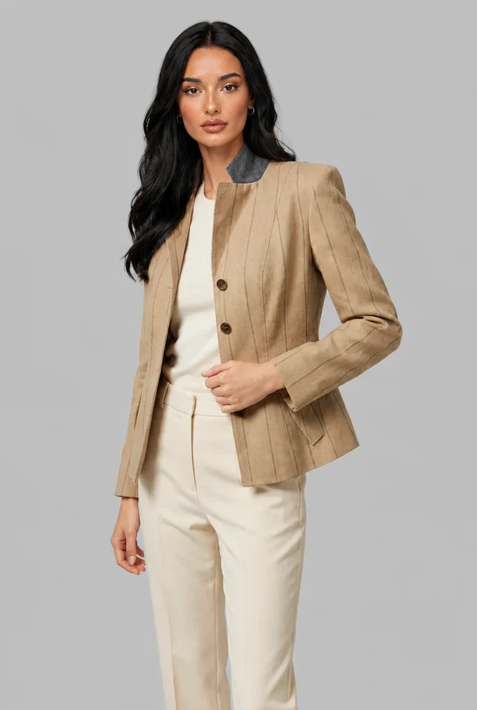 Pinstripe Blazer with Contrast Collar 3