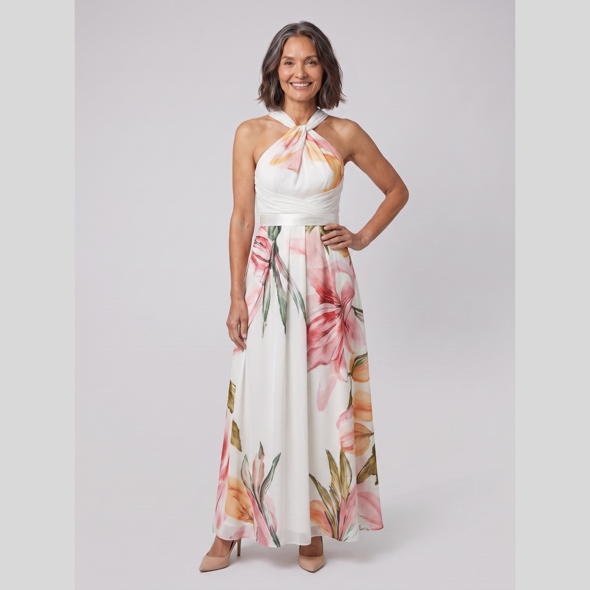 Emeline halter neck gown with watercolour floral print 1