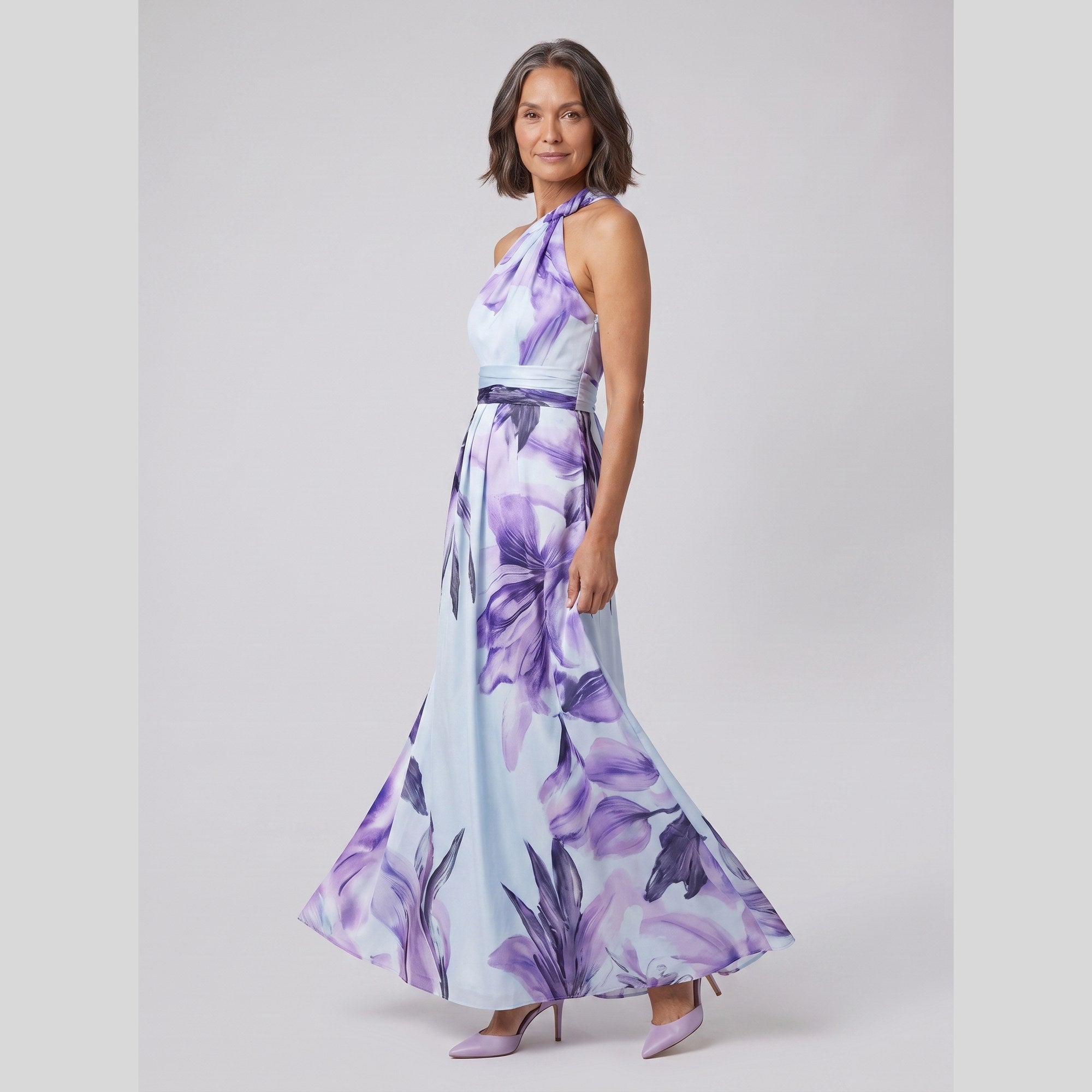 Emeline halter neck gown with watercolour floral print 2