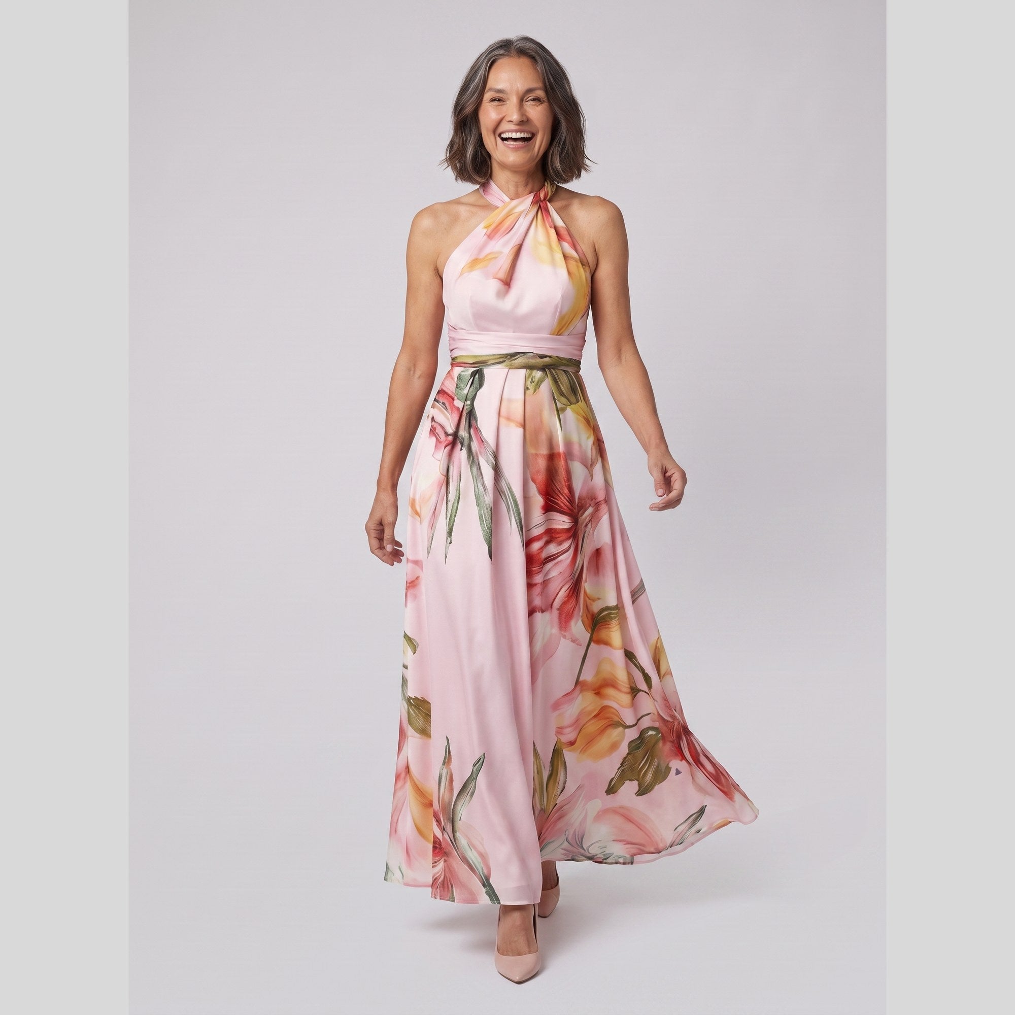 Emeline halter neck gown with watercolour floral print 3