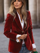 Raven Velvet Blazer | Tailored Ruby Red with Gold Button Detail 0