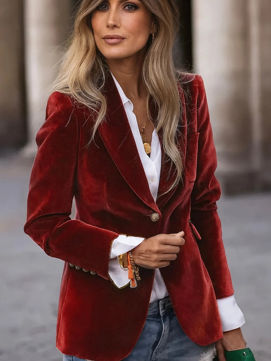 Raven Velvet Blazer | Tailored Ruby Red with Gold Button Detail 0