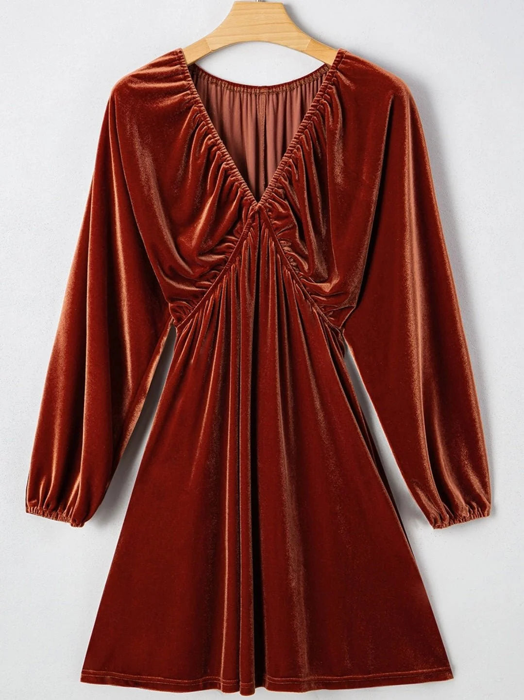 Ravina Velvet Mini Dress | Rust, Bishop Sleeves, Flattering Fit 0