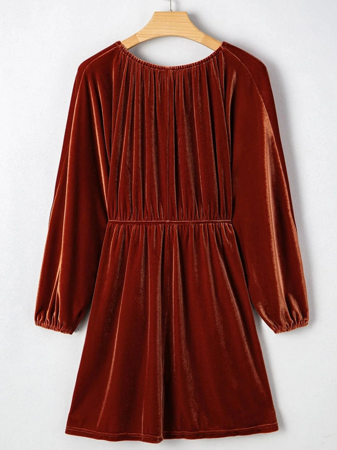Ravina Velvet Mini Dress | Rust, Bishop Sleeves, Flattering Fit 1
