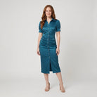 Ravine Midi Dress | Satin Ruched Waist, Collared Neckline - Perfect for Cocktail and Wedding Guest Events 0