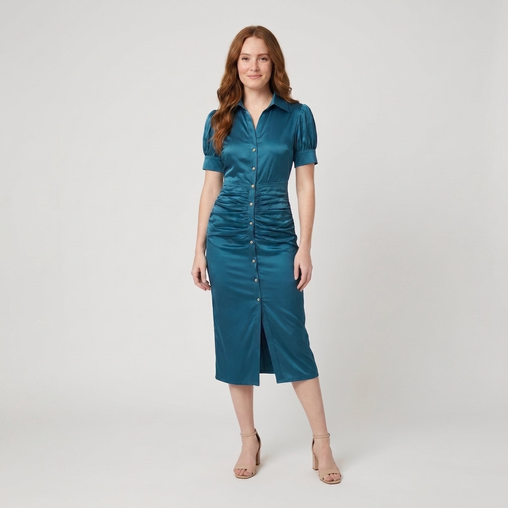 Ravine Midi Dress | Satin Ruched Waist, Collared Neckline - Perfect for Cocktail and Wedding Guest Events 0
