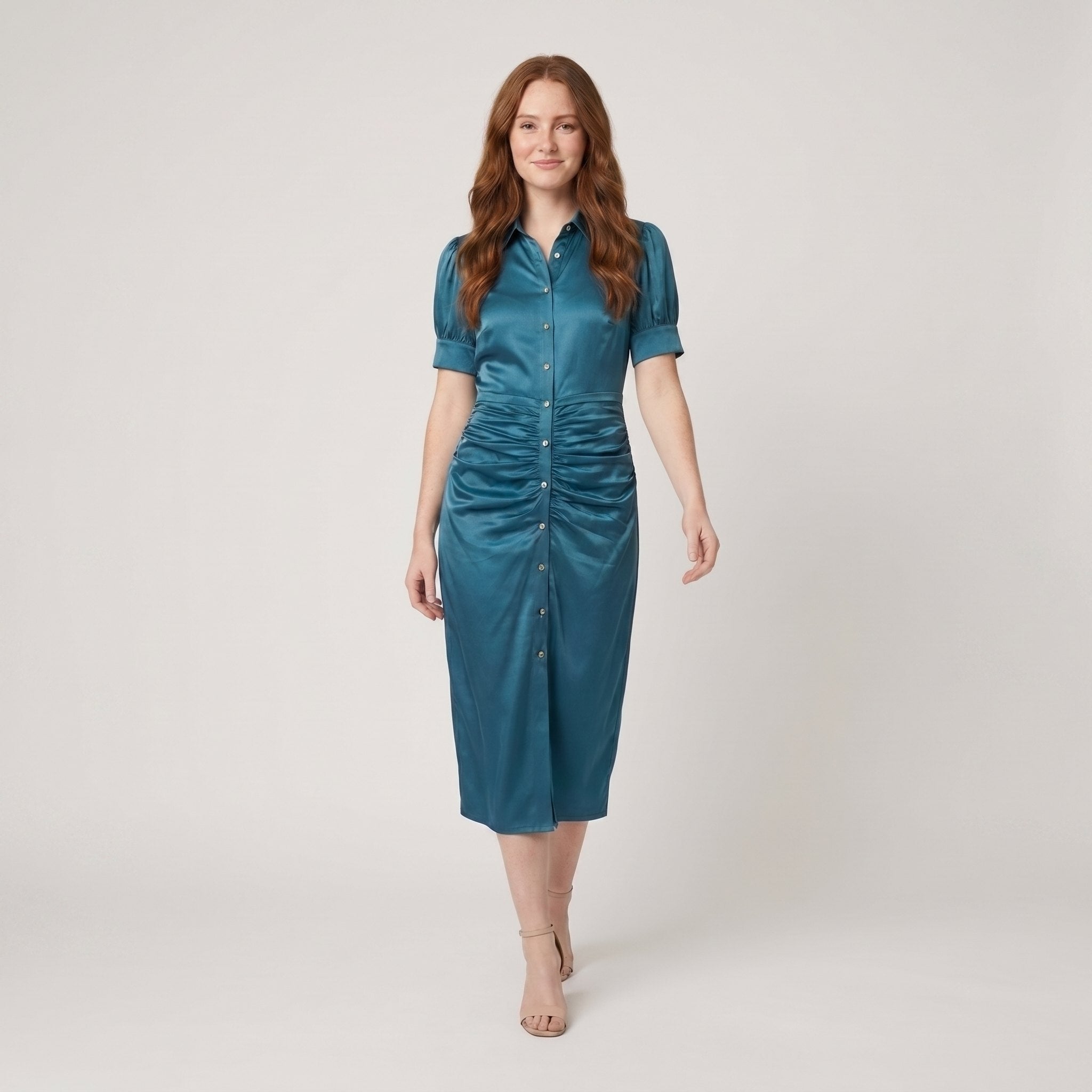 Ravine Midi Dress | Satin Ruched Waist, Collared Neckline - Perfect for Cocktail and Wedding Guest Events 1
