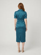 Ravine Midi Dress | Satin Ruched Waist, Collared Neckline - Perfect for Cocktail and Wedding Guest Events 3