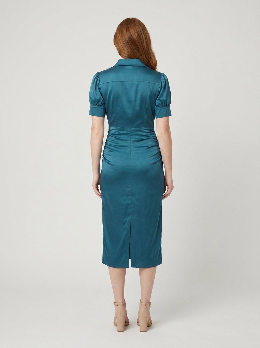Ravine Midi Dress | Satin Ruched Waist, Collared Neckline - Perfect for Cocktail and Wedding Guest Events 3