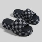 Riley Denim Slides | Organic Cotton, Checkerboard Pattern 1