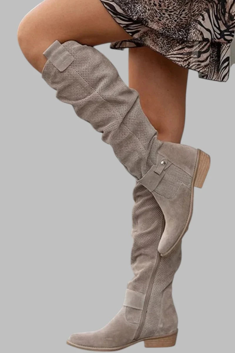 Rosa Knee High Boots for Women | Khaki Suede-Touch, Side Zip, Low Heel 1