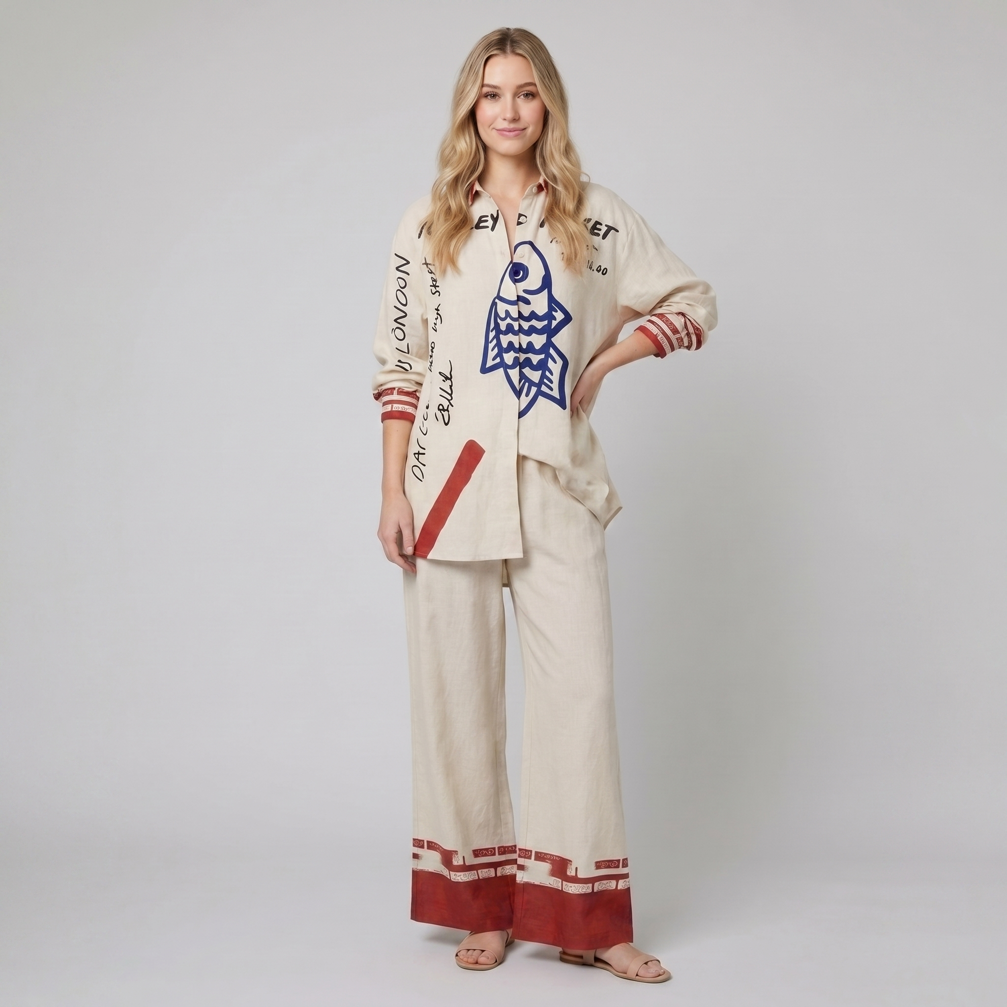 Rounelle Linen Set | Lightweight, Relaxed Fit with Unique Blue Fish Print 0