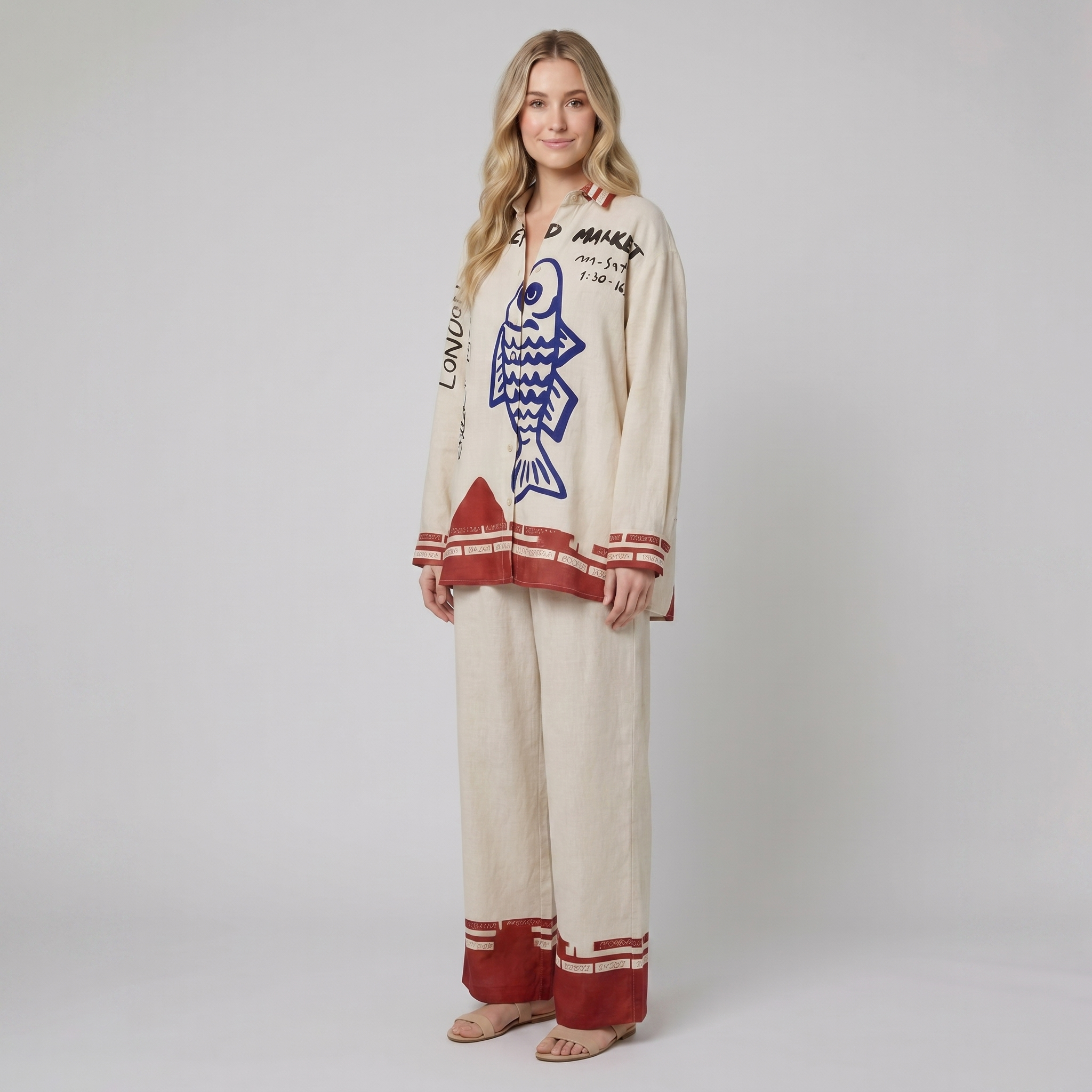 Rounelle Linen Set | Lightweight, Relaxed Fit with Unique Blue Fish Print 1