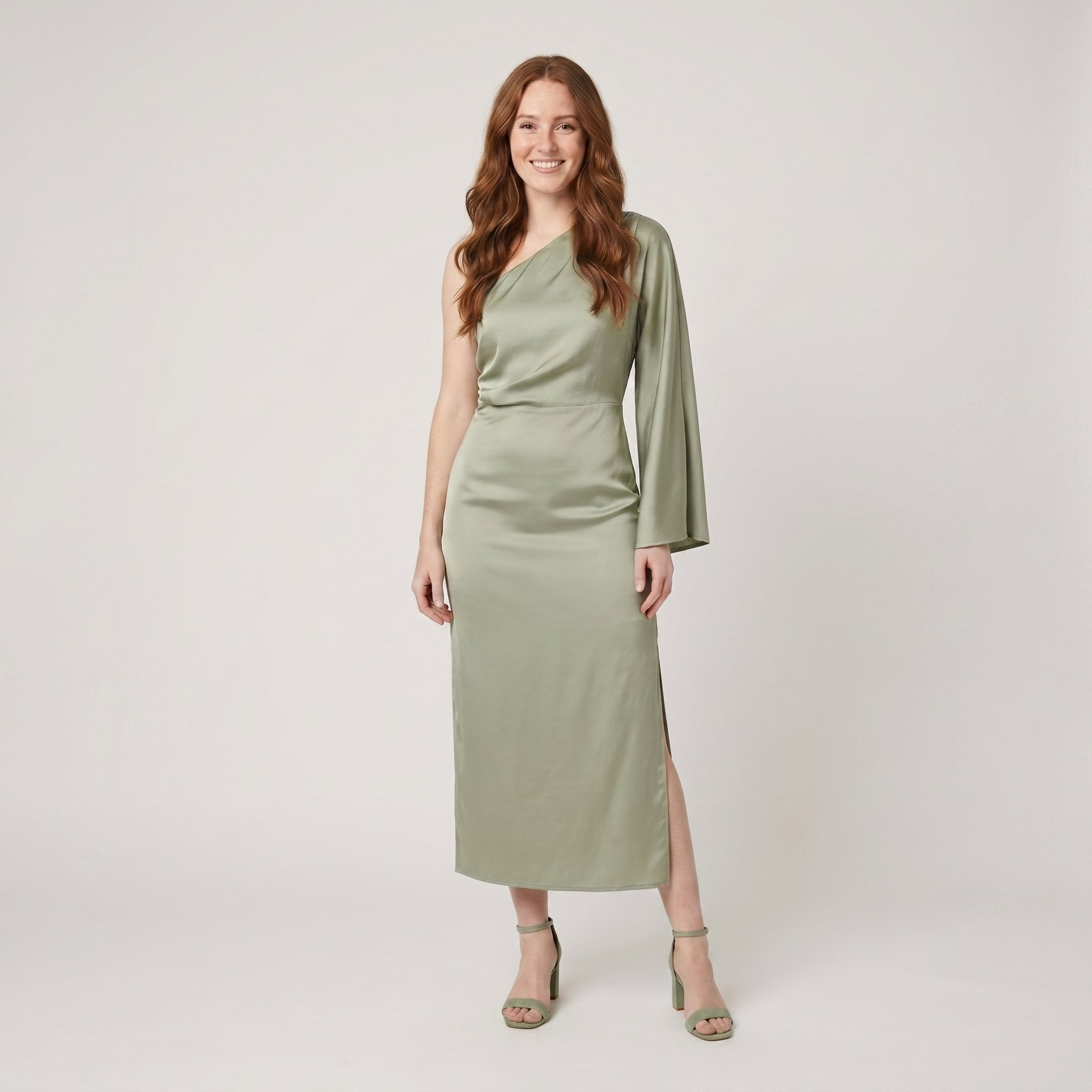 Sera Midi Dress | Satin One-Shoulder with Slit, Elegant Wedding Guest Dress 0