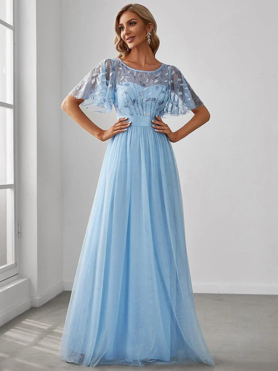 Serena Maxi Dress | Sequin Bodice, Tulle Skirt, Plus Size Available, Short Sleeves 1