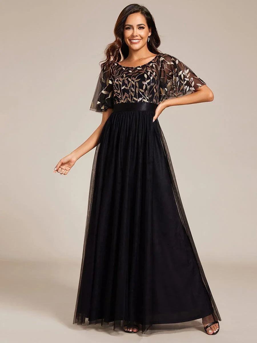 Serena Maxi Dress | Sequin Bodice, Tulle Skirt, Plus Size Available, Short Sleeves 12