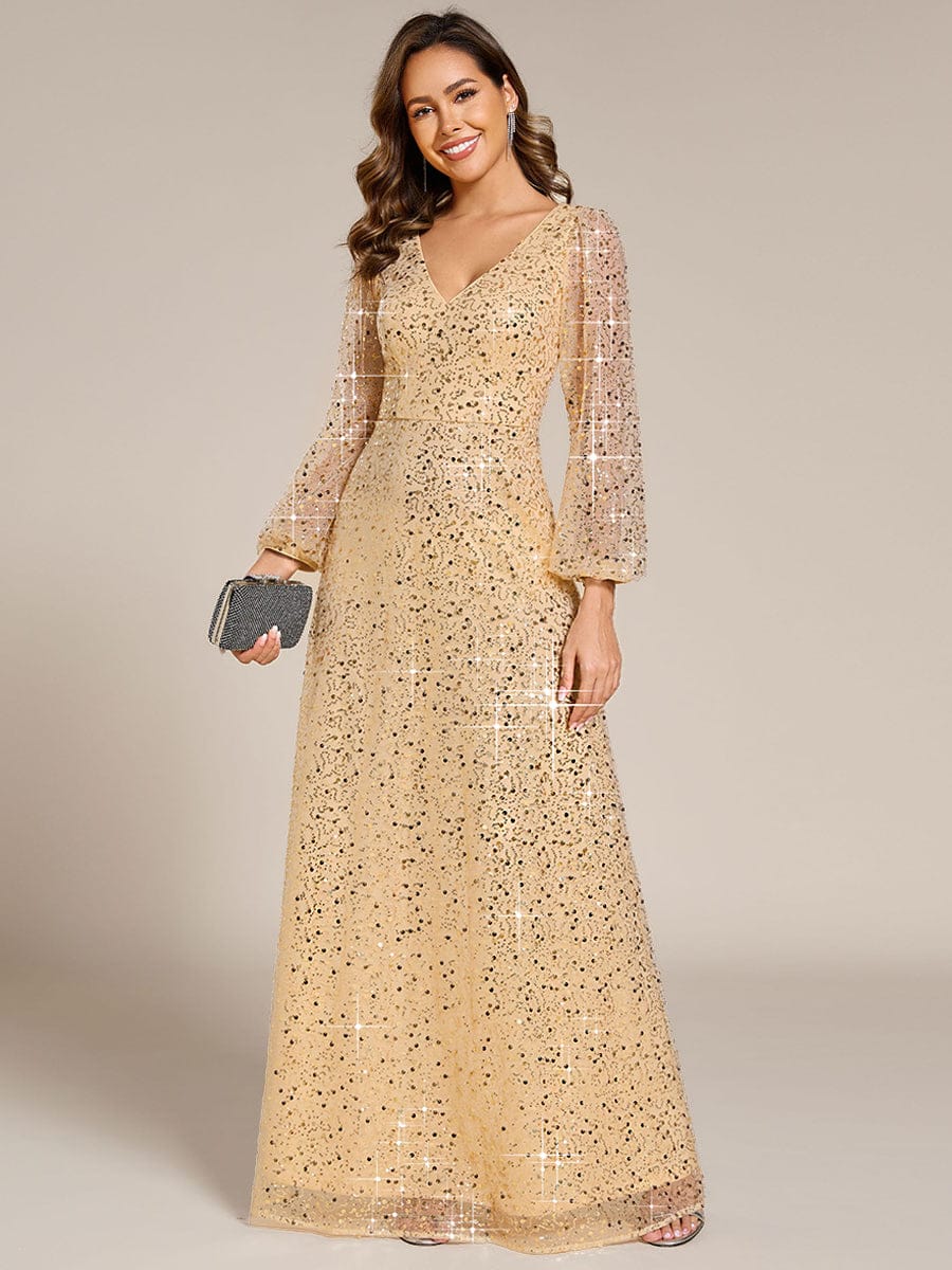 Sierra Evening Dress | Sequin V-Neck A-Line Gown for Women 14