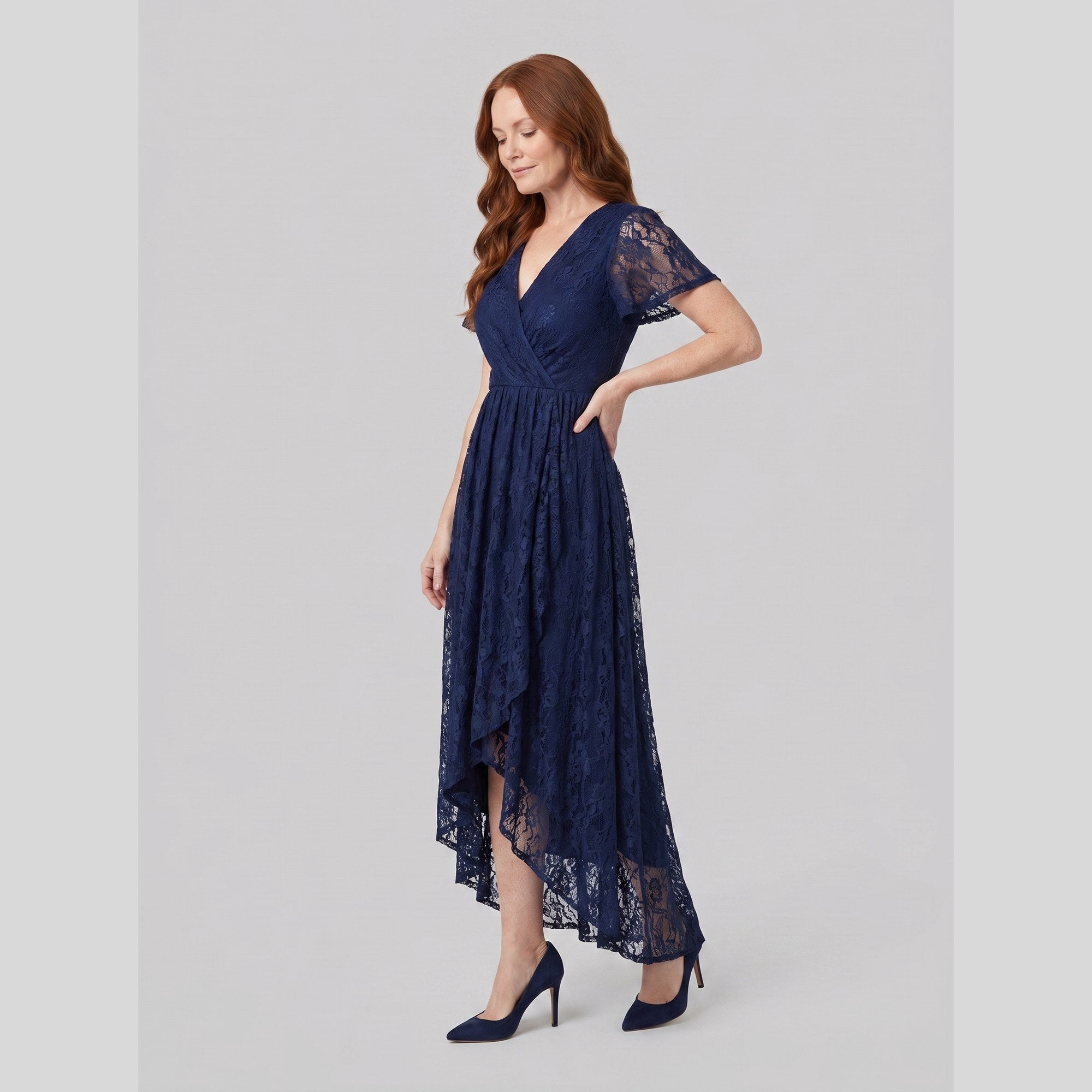 Sylva pleated lace gown with ruffle and high-low hem 4