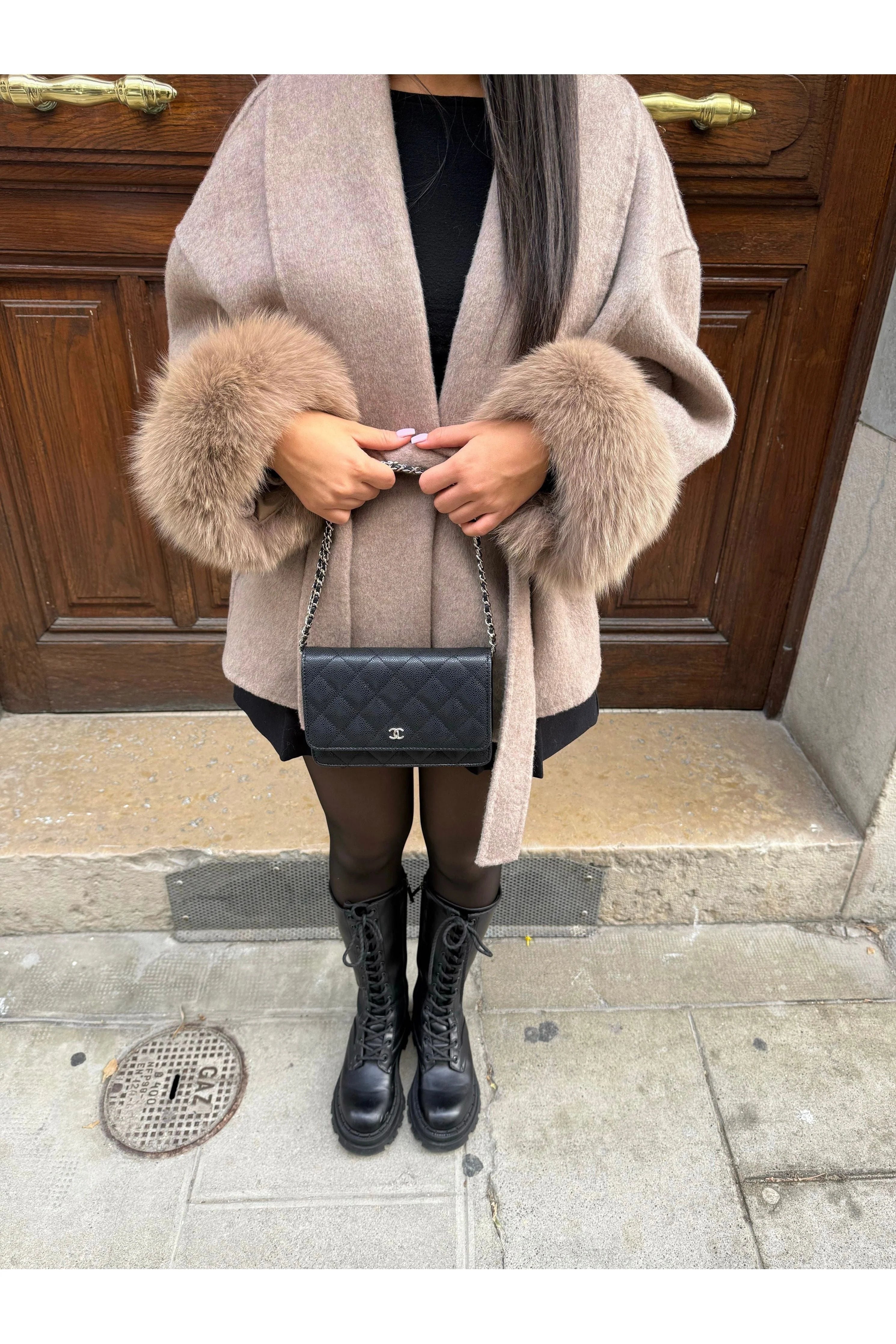 Sierra Long Winter Coat | Faux-Fur Sleeves, Plush Lining, Bow Belt 1