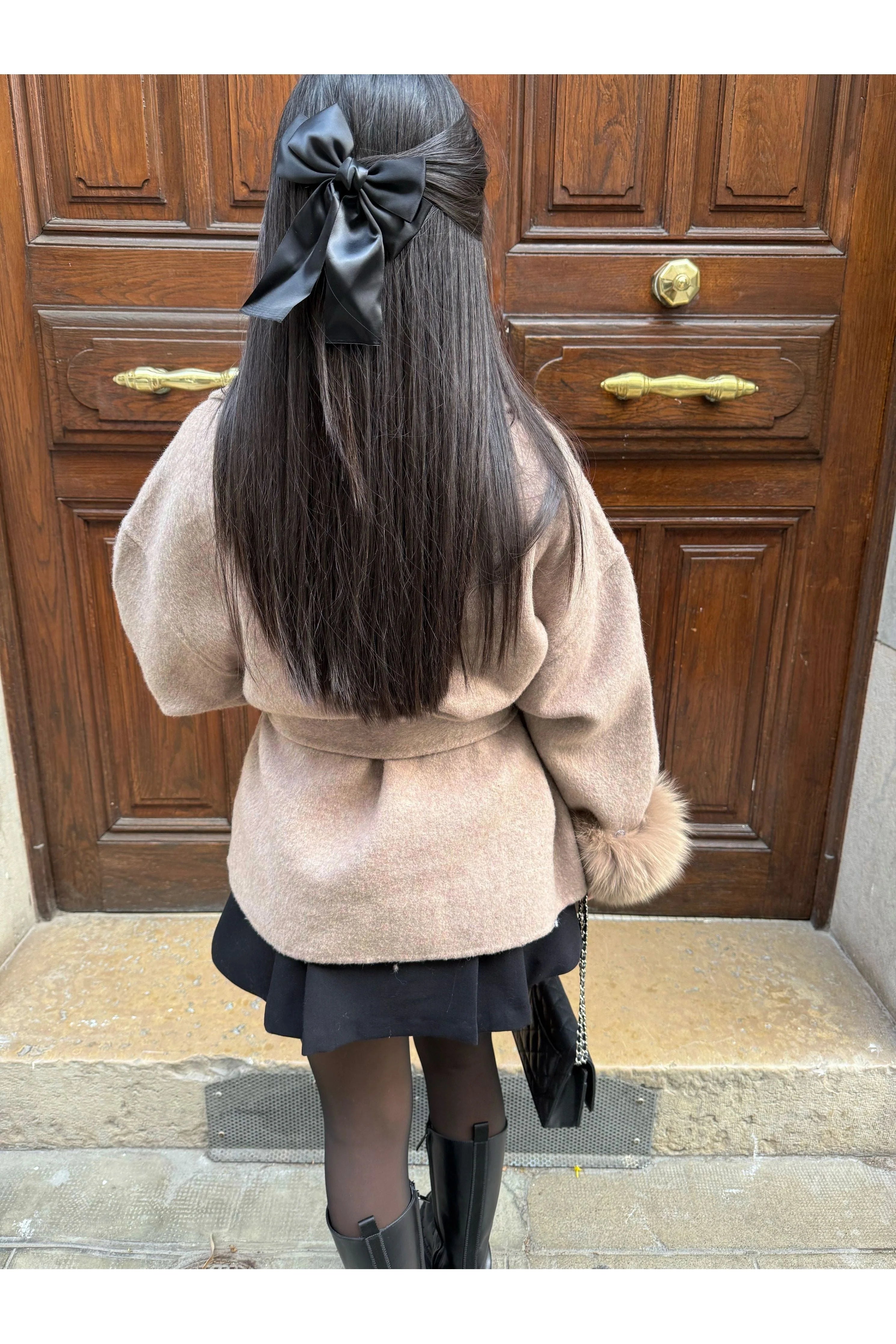 Sierra Long Winter Coat | Faux-Fur Sleeves, Plush Lining, Bow Belt 2