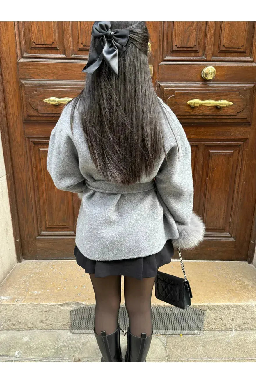 Sierra Long Winter Coat | Faux-Fur Sleeves, Plush Lining, Bow Belt 3