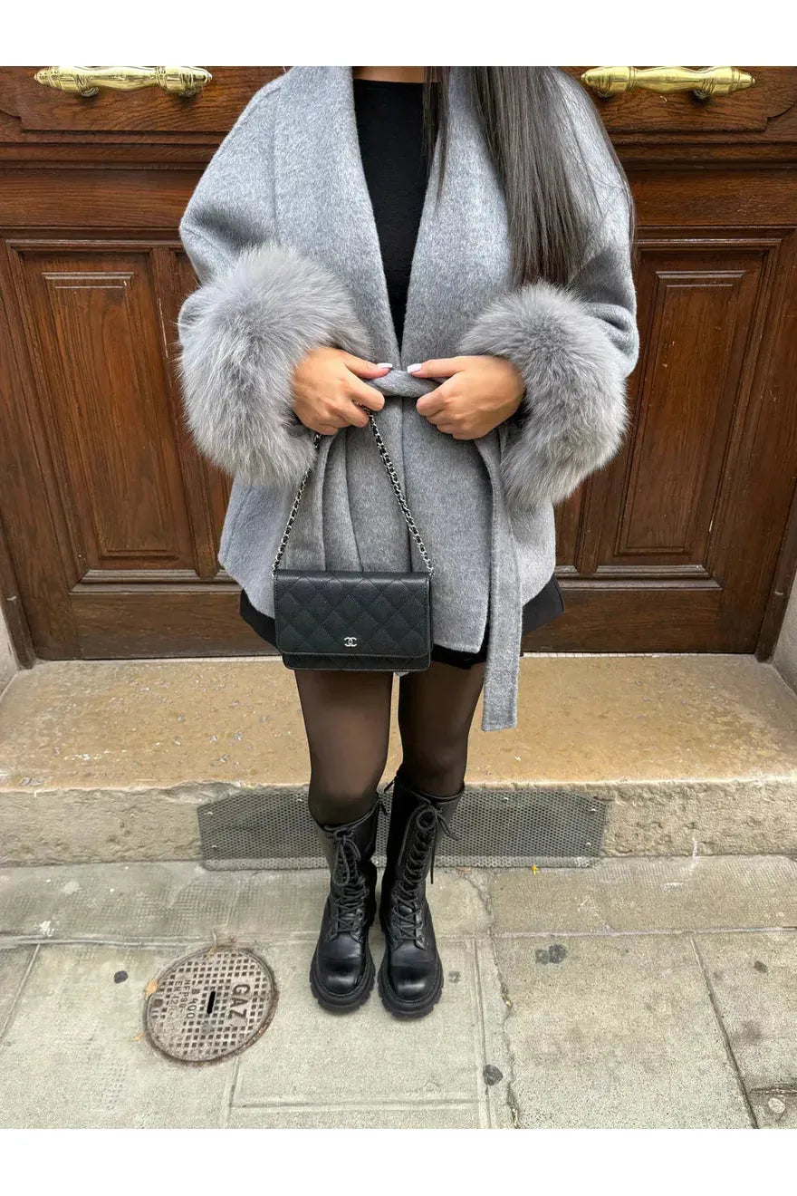 Sierra Long Winter Coat | Faux-Fur Sleeves, Plush Lining, Bow Belt 4