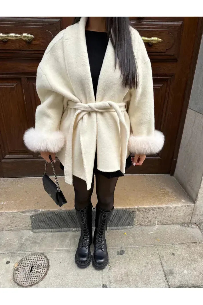 Sierra Long Winter Coat | Faux-Fur Sleeves, Plush Lining, Bow Belt 5