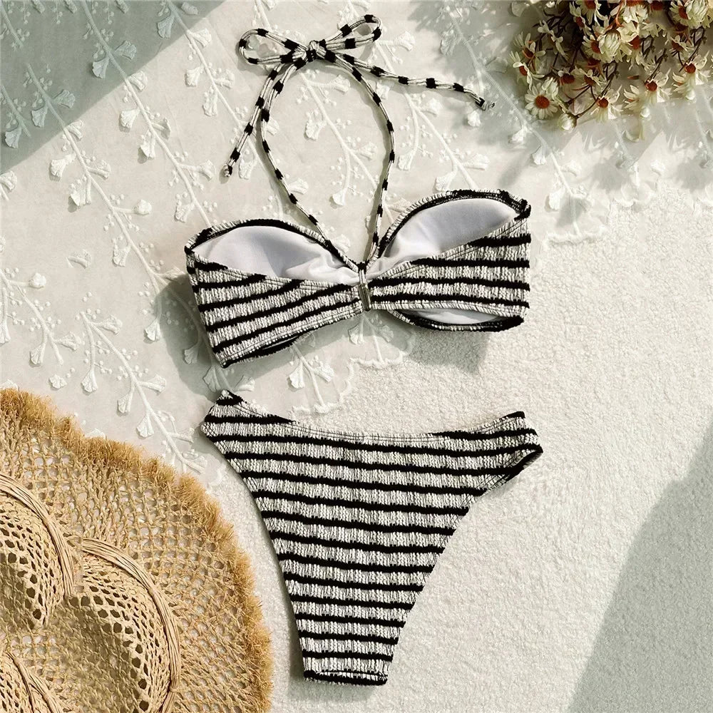 Sierra Striped Bikini Set | Adjustable Halter, High Leg Bikini Bottoms 1