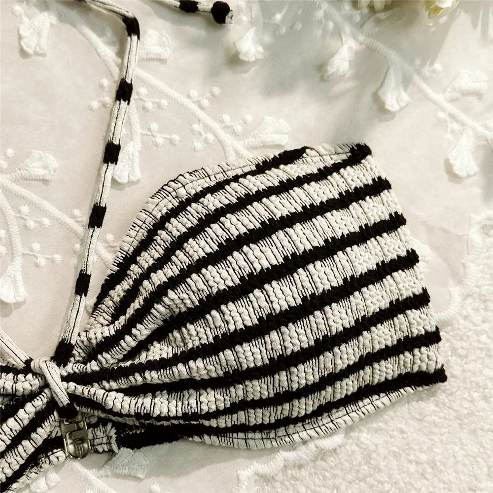 Sierra Striped Bikini Set | Adjustable Halter, High Leg Bikini Bottoms 2