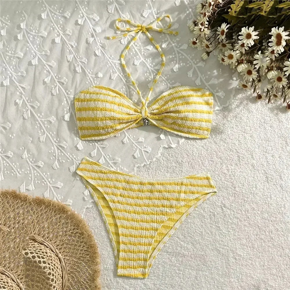 Sierra Striped Bikini Set | Adjustable Halter, High Leg Bikini Bottoms 3