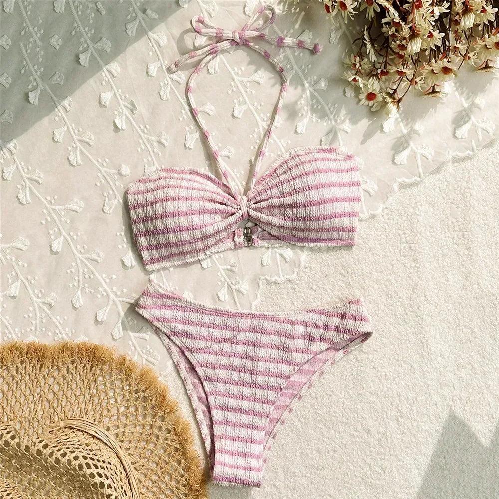 Sierra Striped Bikini Set | Adjustable Halter, High Leg Bikini Bottoms 4